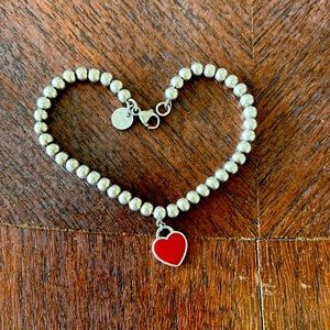 Tiffany & Co. Sterling Silver Bracelet with Red Heart Charm 7”